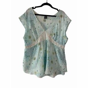 GAP Blouse Womens XL Blue Green Floral V-Neck Cap Sleeve Empire Waist